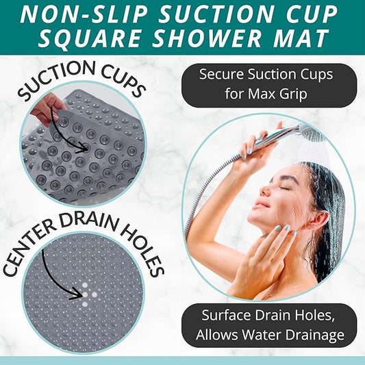 ENKOSI 21 x 21 inch Square Non-Slip Shower Mat – Anti-Slip Shower Mats for Inside Shower – Secure Grip for Shower Stall Floors – Quick-Dry with Drain Holes (21x21 Grey)