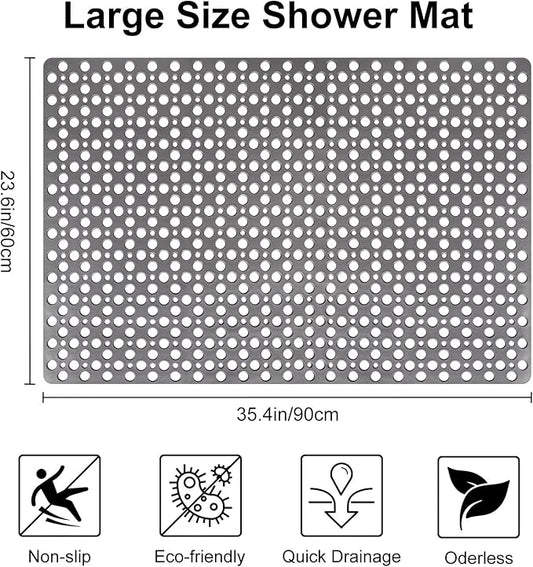 Anti Slip Shower Mat with Suction Cups,23.6x35.4 Inch Quick Drain TPE Non Slip Shower Mats for Inside Shower,Large Bath Mat for Shower Soft on Feet, Easy to Dry&Cut Machine Washable