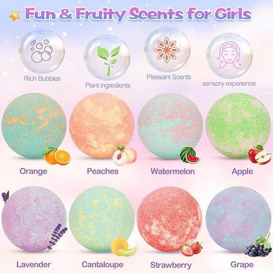 8 Pack Bubble Bath Bombs for Kids with Bracelets Toys Inside, Organic Natural Kids Bath Bombs, Christmas Birthday Gift for 3 4 5 6 7 8 Year Old Girl, Princess Bath Bomb Kit with Mermaid Unicorn Toys