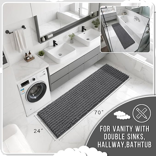 Yimobra Bathroom Runner Rug 70x24 Inch - Extra Long Non Slip Chenille Bath Mat, Soft & Absorbent, Machine Washable Shaggy Hallway Carpet for Vanity Tub Shower, Dark Gray Home Decor Accessories