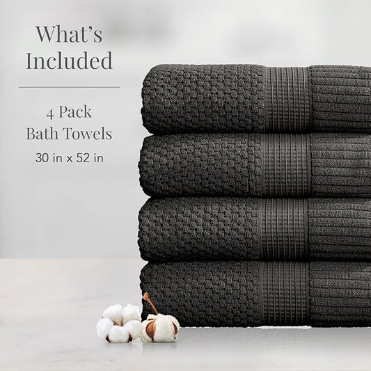 NY Loft 100% Cotton 4 Pack Bath Towels, 30" x 52", Dark Grey, Quick-Dry, Absorbent, OEKO-TEX Certified, Machine Washable