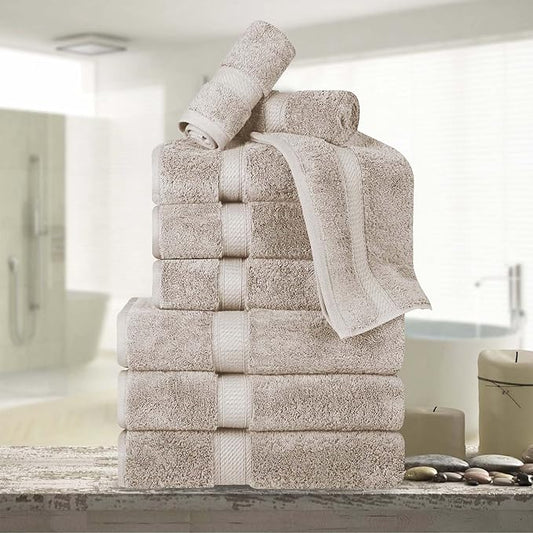 BNM Egyptian Cotton Heavyweight Towels, Ideal For Bathroom, Shower, Spa, Hotel, 800 GSM, Face/ Washcloths, Hand Towels, Bath Towels, Highly-Absorbent, Luxury Home Basics, 9 Piece Towel Set, Stone Grey