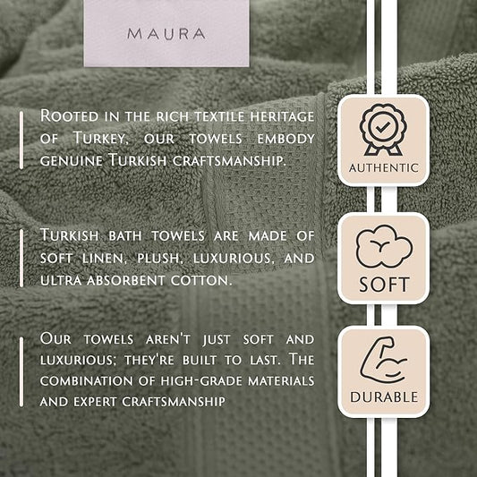 MAURA Sage Extra Large Turkish Cotton Luxury Bath Towels Set of 4. Ultra-Soft, Thick & Plush Towels for Bathroom - Sage Green