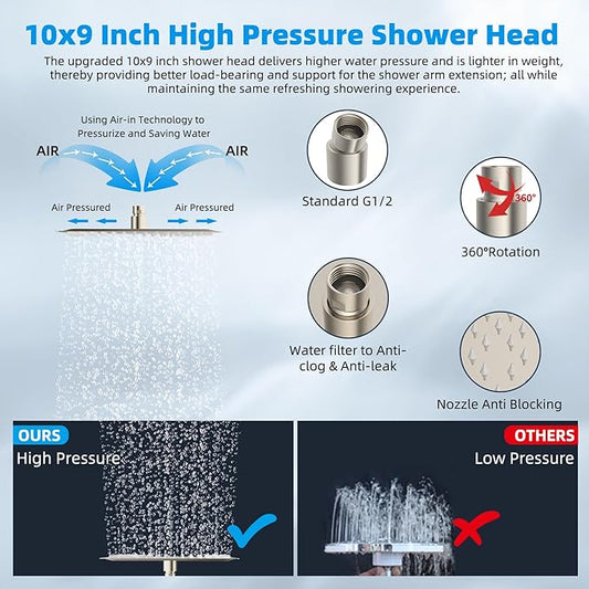 Hibbent All Metal Rain Filtered Shower Head, 10'' High Pressure Rainfall Showerhead with 16" Shower Extension Arm, 20 Stage Shower Filter, Solid Brass Adjustable Shower Arm Extender, Brushed Nickel
