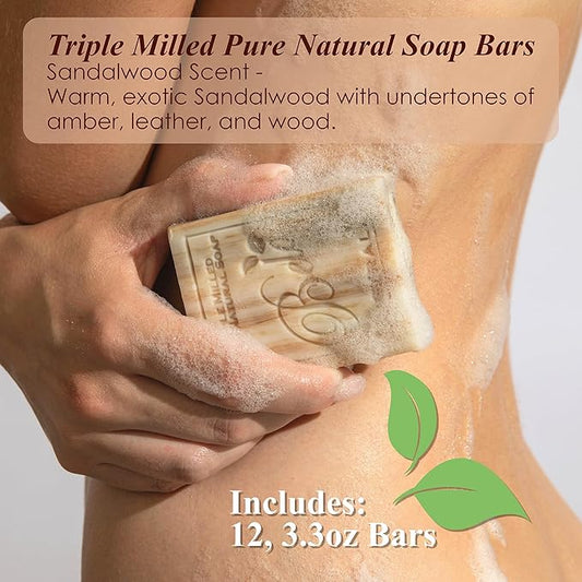 BELA Sandalwood Soap 3.3 OZ, Pack of 12 French Triple Milled Bar Soap with Organic Shea Butter, Hand, Face and Body Wash Bar, Made in Australia