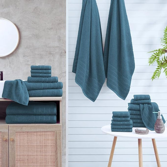 Casa Platino 100% Cotton Bathroom Towels Set - 24 Pcs - Ring Spun, Quick Dry, Soft & Absorbent - 2 Bath Sheets, 2 Gym, 2 Bath, 4 Fingertip, 6 Hand Towels, 8 Washcloths - Medium GSM - Steel Blue