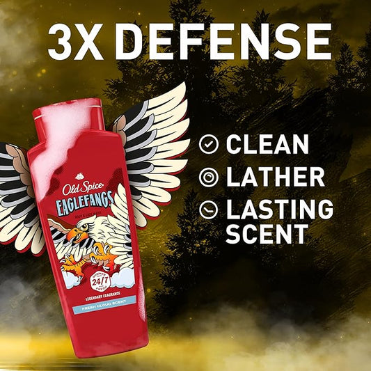 Old Spice Cleansing Body Wash for Men, 3X Defense, 24/7 Shower Fresh with Lasting Scent, 2-in-1 Body & Face Wash, Eaglefangs with Fresh Cloud Scent, 24 oz (Pack of 4)