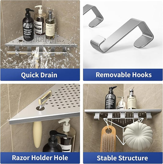 Grout in Shower Shelves with Hooks, 304 Stainless Steel Corner Bathroom Shelf for Tiled Wall (Brushed, 10'' x 10'')