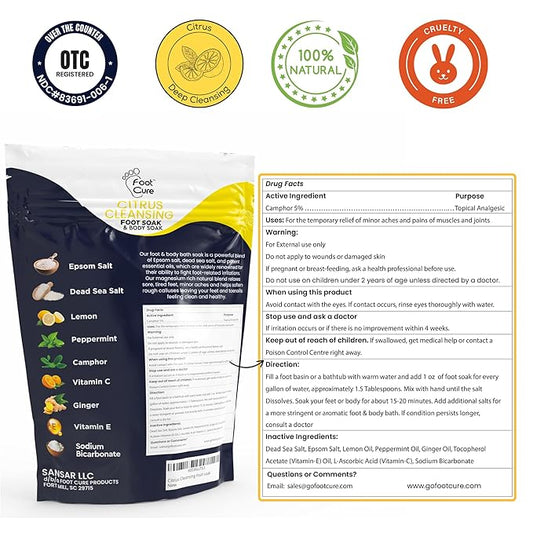 FOOT CURE Citrus Detox Foot Soak with Epsom Salts – for Foot Callus, Damaged Toenail Appearance, Pedicure Spa, and Soothing Sore, Tired Feet - 16 oz (Pack of 1)