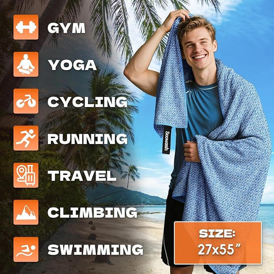 Camping Towels Quick Dry Sweat Towels for Gym, Absorbent Fast Drying Lightweight 27 inch X 55 inch Negative Ions Odorless Gym Towels for Men & Women,Yoga Sports Travel Outdoor (Large Blue)