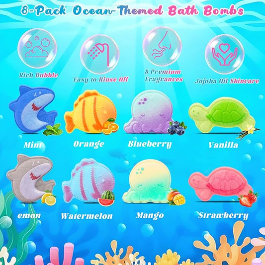 Sea Animal Bath Bombs for Kids with Surprise Inside, 8PCS Organic Essential Oil Shark Octopus Turtle Fish Bubble Bath Bombs for Kids,Birthday Gift for 3-8 Boys,Girls Ocean Party