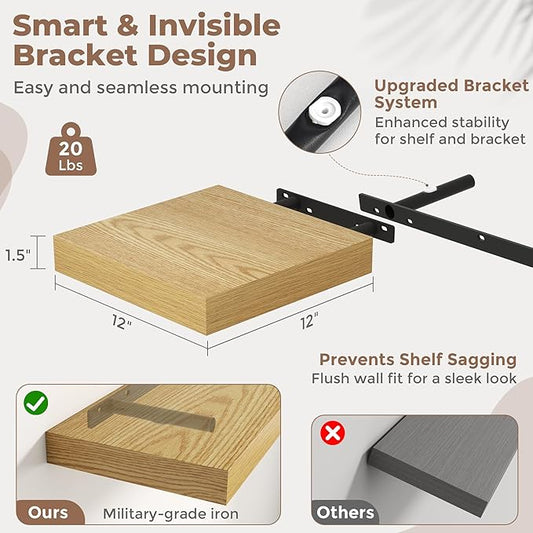 12 Inch Square Floating Shelves for Wall 2 Pack, 12"D Wood Grain Bathroom Shelves with Invisible Brackets, Easy Install Engineered Wood Storage Shelves for Kitchen, Living Room, Bedroom, Oak Finish