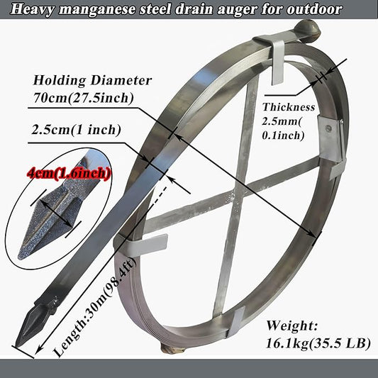 Heavy Duty Sewer Drain Snake for Outdoor,Manual,Flat,Length 15m/49.2ft,Width 2.5cm/1inch,Thickness 2.5mm/0.1inch,Manganese Steel,Sewer Plumbing Snake Tool
