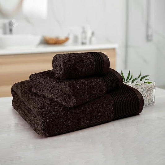 Belizzi Home Ultra Soft 3 Pack Cotton Towel Set, Contains a Bath Towel 28x55 inch, a Hand Towel 16x24 inch & a Wash Coth 12x12 inch, Ideal Everyday use, Compact & Lightweight -Chocolate Brown