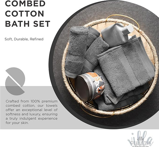 100% Cotton Bath Towel Set of 12-4 Bath Towels, 4 Hand Towels, 4 Wash Cloths, Sustainable, Soft, Highly Absorbent, Combed Cotton 12 Piece Set for Hotels, Spa, Bathroom, Dorm, Grey