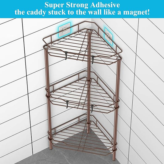 3 Tier Floor Standing Corner Shower Caddy Organizer Shelf with Hooks, Bathroom Shelves Stand Rack, Coffee