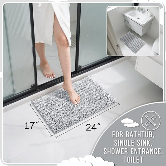 Yimobra Bathroom Rugs Non Slip Washable - Ultra Soft Absorbent Chenille Bath Mat, Quick Dry Shaggy Floor Carpet for Tub Shower, Silver Home Decor Accessories, 24x17 Inch