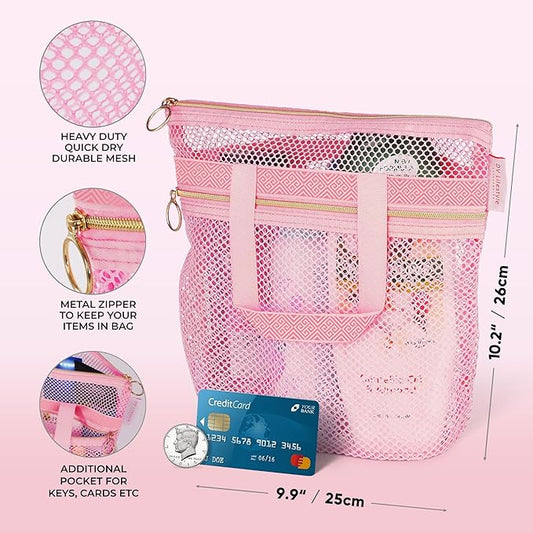 Mesh Shower Bag 10.2x9.9'' Quick-Dry Caddy with Zipper & 2 Pockets. Portable Toiletry Tote for Bathroom, Gym, Travel, Camp, Beach, for Sunscreen, Dorm & College Essentials (Pink)