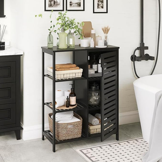 HITNET Black Bathroom Cabinet, Freestanding Storage Cabinet Bamboo Kitchen Floor Cupboard with Door and Shelf, Space Saving Side Storage Organizer for Living Room Bedroom Home Office