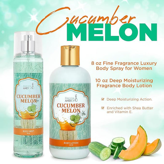 Home Spa Gift 10oz Deep Moisturizing Fragrance Body Lotion & 8 oz. Fine Fragrance Body Mist Set Luxury Self-Care Combo for Women and Girls (Cucumber Melon)