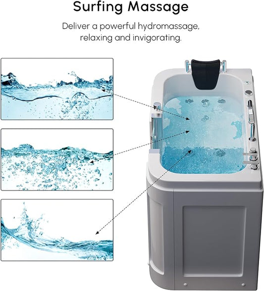 Homary Walk-In Bathtub for Seniors with Hydrotherapy Massage - Air Bubble Jets Bathtub, LED Chromatherapy Light, Thermostatic Faucet, Built-In Seat & Grab Bars, 3-Sided Apron Safety Tub for Elderly