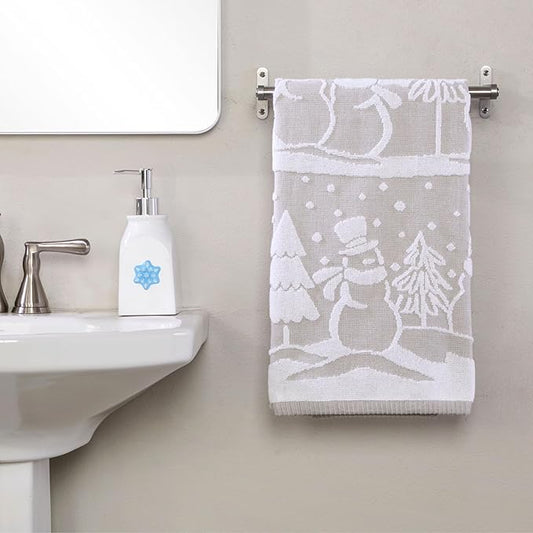 SKL Home Christmas/Winter Scenic Snowmen 100% Cotton Premium Bath Towel, 500 GSM, Soft & Absorbent, Reversible Jacquard, Decorative, Gray