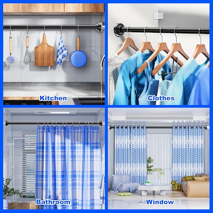Ausemku Shower Curtain Rod - 32-92 Inch Rustproof Tension Rod, Non-Slip Spring Design, No Drilling Adjustable Curtain Rod for Bathroom, Kitchen, and Closet(Black)