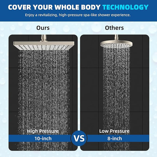 Hibbent Thickness Metal Rain Shower Head, 10'' High Pressure Rainfall Shower Head, Square Bathroom Waterfall Shower Heads, High Flow Fixed Showerheads with Adjustable Brass Ball Joint, Brushed Nickel