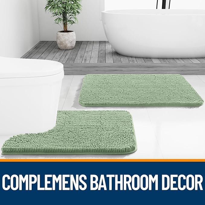 OLANLY Bathroom Rugs Sets 2 Piece, Soft Absorbent Chenille Bath Mats and U-Shaped Contour Toilet Mat Area Rug Set, Machine Washable Bath Carpet, Home Decor Accessories(36"x24"+24"x20", Sage Green)