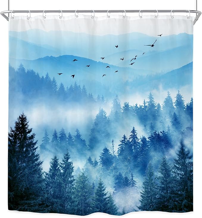 Riyidecor Navy Blue Shower Curtain,Mountain Nature Woodland Scenery,Park Scene View Natural Foggy Pine Tree Alpine Cool Designer Bathroom Decor Fabric Polyester Waterproof 12 Pack Hooks 72Wx72H Inch