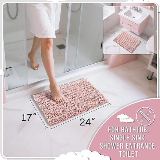 Yimobra Bathroom Rugs Non Slip Washable - Ultra Soft Absorbent Chenille Bath Mat, Quick Dry Shaggy Floor Carpet for Tub Shower, Light Pink Home Decor Accessories, 24x17 Inch