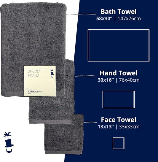 Lincoln & Palm 3 Piece Turkish Towels Set, Thick, Soft, Plush 700 GSM Spa & Hotel Quality, Silver Infused SILVERbac | Bath 58x30, Hand 30x16, Face Wash Cloth 13x13 (3 Piece Towel Set, Charcoal)