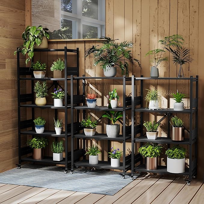 WORKPRO 5-Tier Folding Shelf, No-Assembly Metal Storage Rack with Wheels, 750 lbs Capacity (with Leveling Feet), Collapsible Shelving Unit for Kitchen, Pantry, Bathroom & Closet Organization