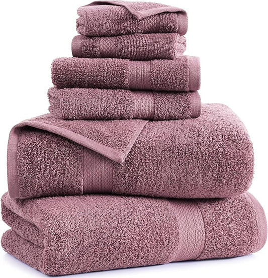 LANE LINEN 100% Mercerized Cotton Bathroom Towel Set - 6 Pcs - Ring Spun, Fluffy, Soft & Highly Absorbent - 2 Bath, 2 Washcloths, 2 Hand Towels - Avaialable in Wide Variety of Colours - Wishful Mauve