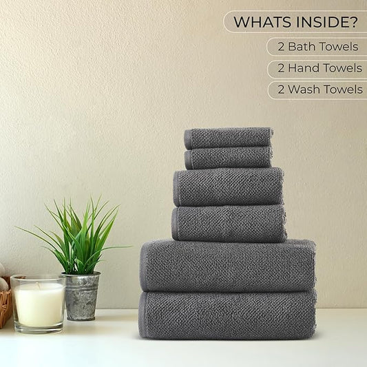 6 Piece Towel Set, 680 GSM 100% Cotton, Premium Quality - 2 Bath Towels, 2 Hand Towels, 2 Wash Cloths-Ultra Soft, Super Absorbent Popcorn Textured Weaved for Home, Spa, Hotels, Bathroom - Charcoal