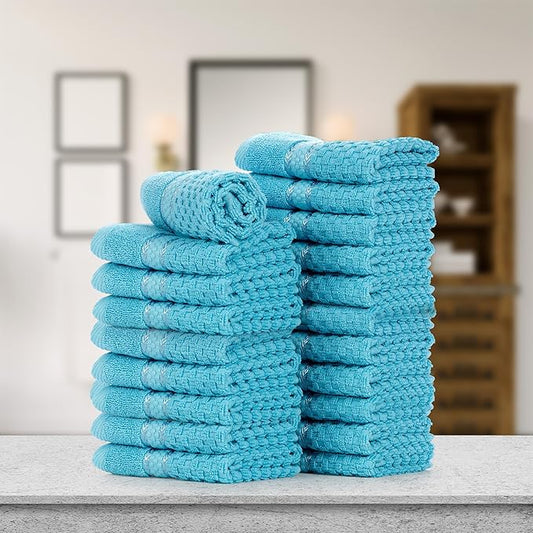 Ample Decor Washcloth Set of 20 Sky Blue 100% Cotton - Qucik Dry Popcorn Textured - Mulaayam Collection - 12 X 12 Inch