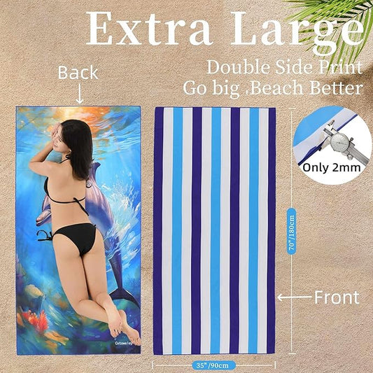Microfiber Beach Towels 70''x35'' Extra Large Oversized 2 Pack Quick Dry Sand Free Blue White Striped Towel Cute Dolphin for Adults Women,For Pool Spa Swim Travel Yoga - Portable&Lightweight