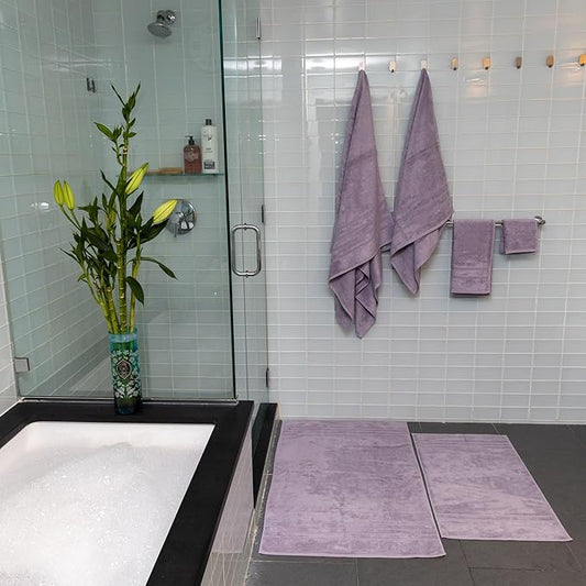Mosobam Luxury Turkish 10pc Deluxe Bath Bundle Body Hand Face Towel and Mat Lavender Aura 700 GSM & 1000 GSM Bamboo Viscose & Aegean Turkish Combed Cotton