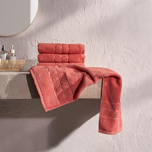 BAGNO MILANO Organic Turkish Cotton Bath Towels, Luxury Jacquard Collection, Certified Organic Highly Absorbent, Soft-Plush Towel Set (Coral Red, 4 Pcs Hand Towel Set)