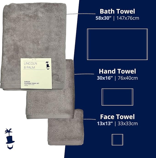 Lincoln & Palm 3 Piece Turkish Towels Set, Thick, Soft, Plush 700 GSM Spa & Hotel Quality, Silver Infused SILVERbac | Bath 58x30, Hand 30x16, Face Wash Cloth 13x13 (3 Piece Towel Set, Silver)