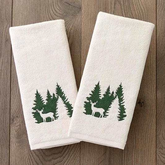 SKL Home Christmas/Winter Deer Spruce 100% Cotton Embroidered 2pc Hand Towel Set, Decorative for Bath/Kitchen/Bar, Natural