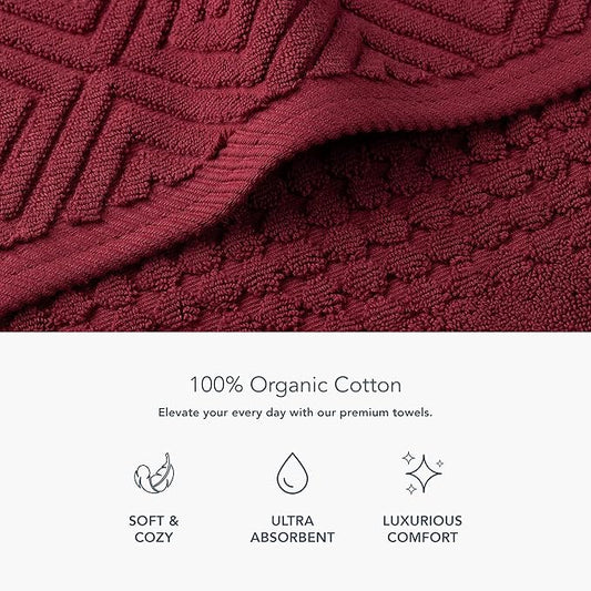 Texere 100% Organic Cotton Diamond Jacquard 700 GSM Luxury Bath Towel Sets - Ultra Soft and Absorbent Hotel and Spa Quality (Diamond, Merlot, 2 Bath & 2 Hand Towels)