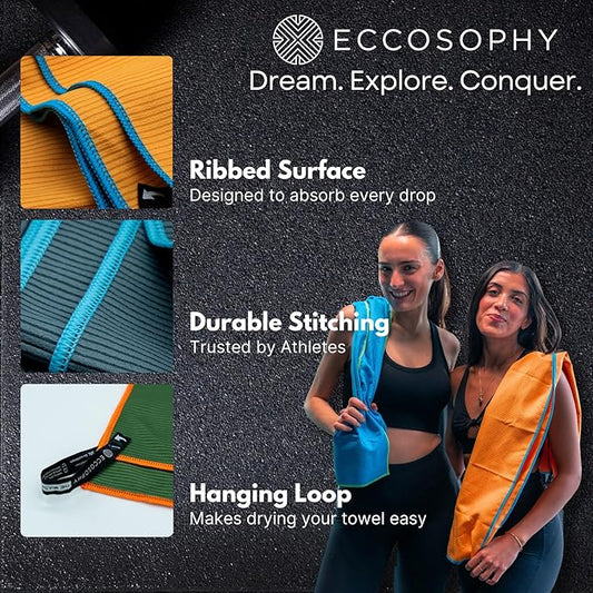 ECCOSOPHY Microfiber Beach Towel – Quick Dry Gym Towel, Highly Absorbent with Ribbed Texture, Lightweight – Ideal for Travel, Pool, Yoga, Fitness & Outdoor Adventures – 71x35 Charcoal