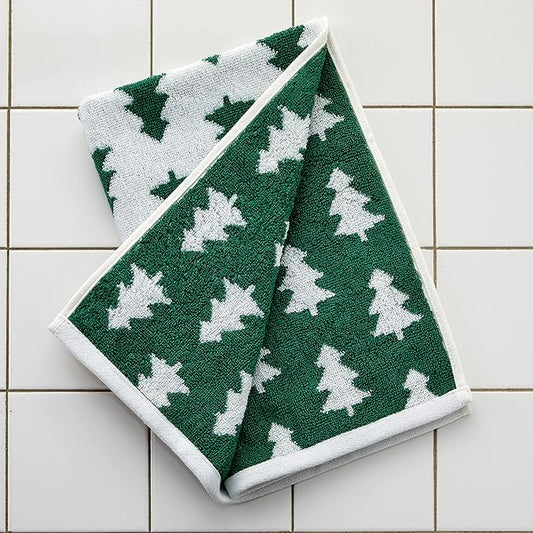 SKL Home Christmas/Winter Holiday Trees 100% Cotton Premium 2-Piece Hand Towel Set, 500 GSM, Reversible Jacquard, Soft & Absorbent, Decorative for Bath/Kitchen/Bar & Gift, Green/White