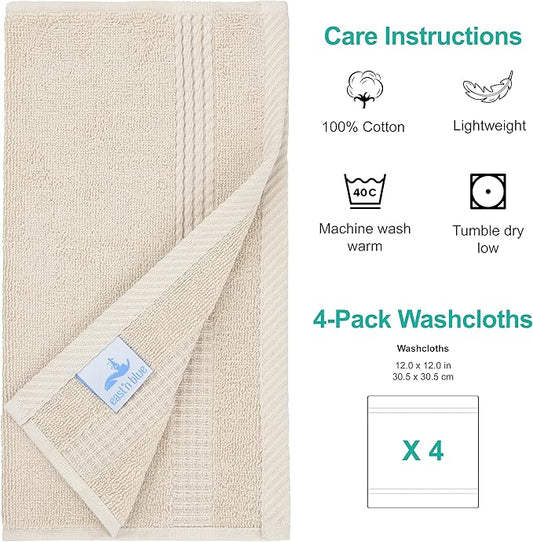 EastNBlue Lara 100% Turkish Cotton Washcloths 4 Pack, Extra Soft & Absorbent Wash Cloths for Face & Body (12" x 12"), Terry Cloth, Small Hand Towels for Bathroom, Beige