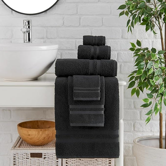 Premium 6 Piece Towel Set, 2 Bath Towel, 2 Hand Towels, 2 Washcloths, 100% Turkish Cotton Soft Absorbent Towels (Black, 6 Piece Towel Set)