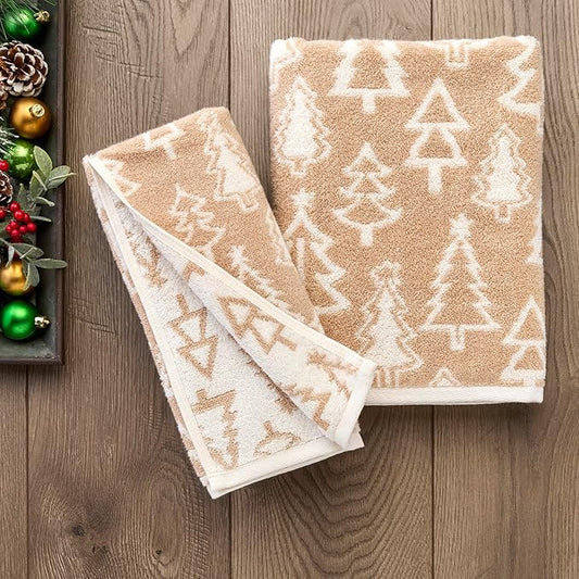 SKL Home Christmas/Winter Mod Tree 100% Cotton Premium Bath Towel, 500 GSM, Soft & Absorbent, Reversible Jacquard, Decorative, Tan