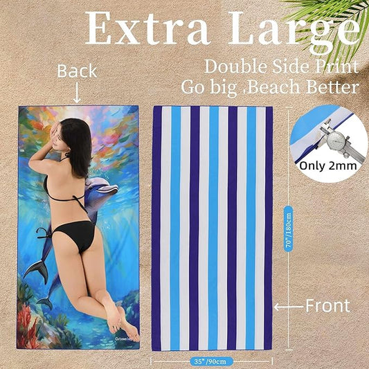 Microfiber Extra Large, Oversized Blue White Striped Beach Towels (70''x35''), Soft&Lightweight 2 Pack XL Quick Dry Cute Dolphin Towel for Adults & Women,Sand Free for Pool,Spa,Swim,Travel