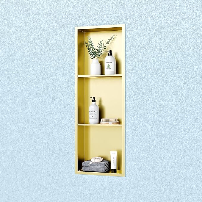 Neodrain Stainless Steel Shower Niche, NO Tile Needed Recessed Shelf for Bathroom Storage, 3-Tier Recessed Built-in Wall Niche(12X36Inch,Gold)