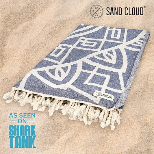 Sand Cloud Extra Large Turkish Beach Towel - Sand Free - 100% Organic Turkish Cotton Yarn - Quick Dry Towel for Beach, Picnic, Blanket or Bath - As Seen on Shark Tank - Cool Glacier (Navy)